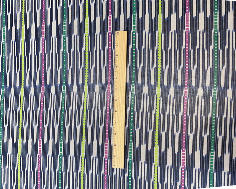 4 1/4 YD PC-Dark Blue-Green-Raspberry-Yellow Ikat stripe Silk Chiffon Designer Remnant Fabric