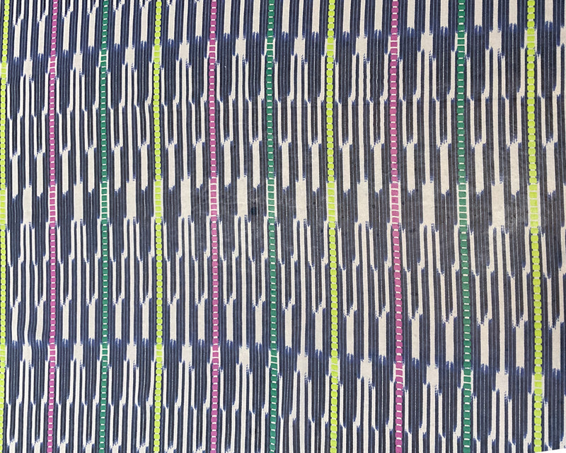 4 1/4 YD PC-Dark Blue-Green-Raspberry-Yellow Ikat stripe Silk Chiffon Designer Remnant Fabric
