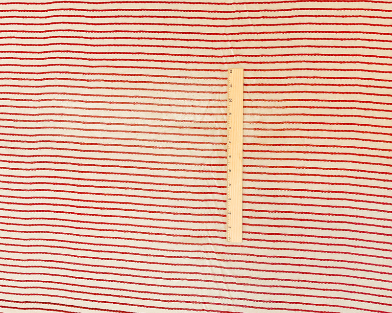 2 3/4 YD PC-Ivory-Red Scalloped Stripes Silk Chiffon Designer Remnant Fabric
