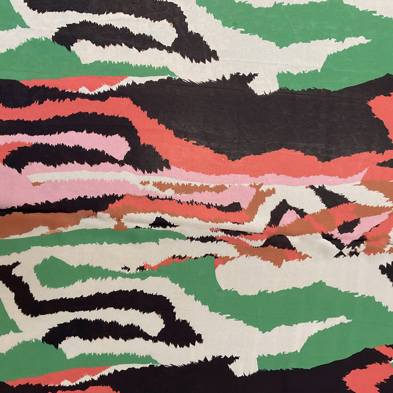 3 YD PC-Black-Green-Coral-Ivory Stripped Ikat Silk Chiffon Designer Remnant Fabric