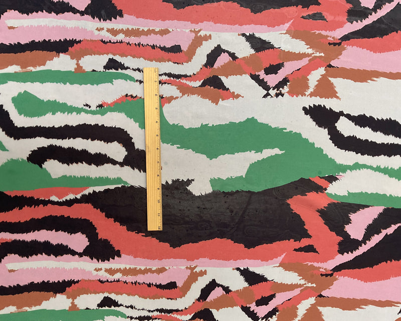 3 YD PC-Black-Green-Coral-Ivory Stripped Ikat Silk Chiffon Designer Remnant Fabric