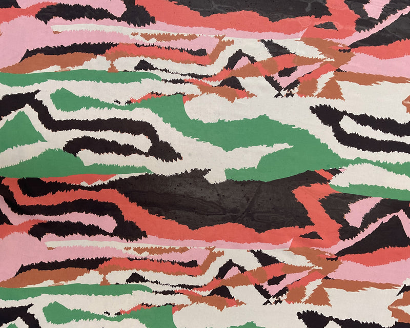 3 YD PC-Black-Green-Coral-Ivory Stripped Ikat Silk Chiffon Designer Remnant Fabric